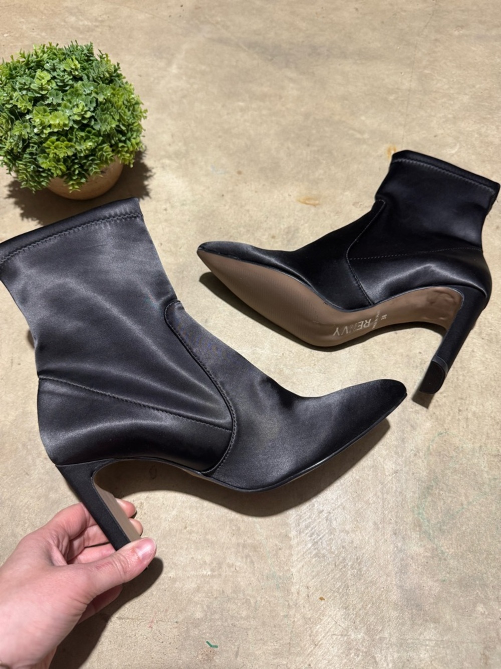 Renvy Black Satin Stretch Sock Ankle Boot Heel Women Size 8 Formal Old Money